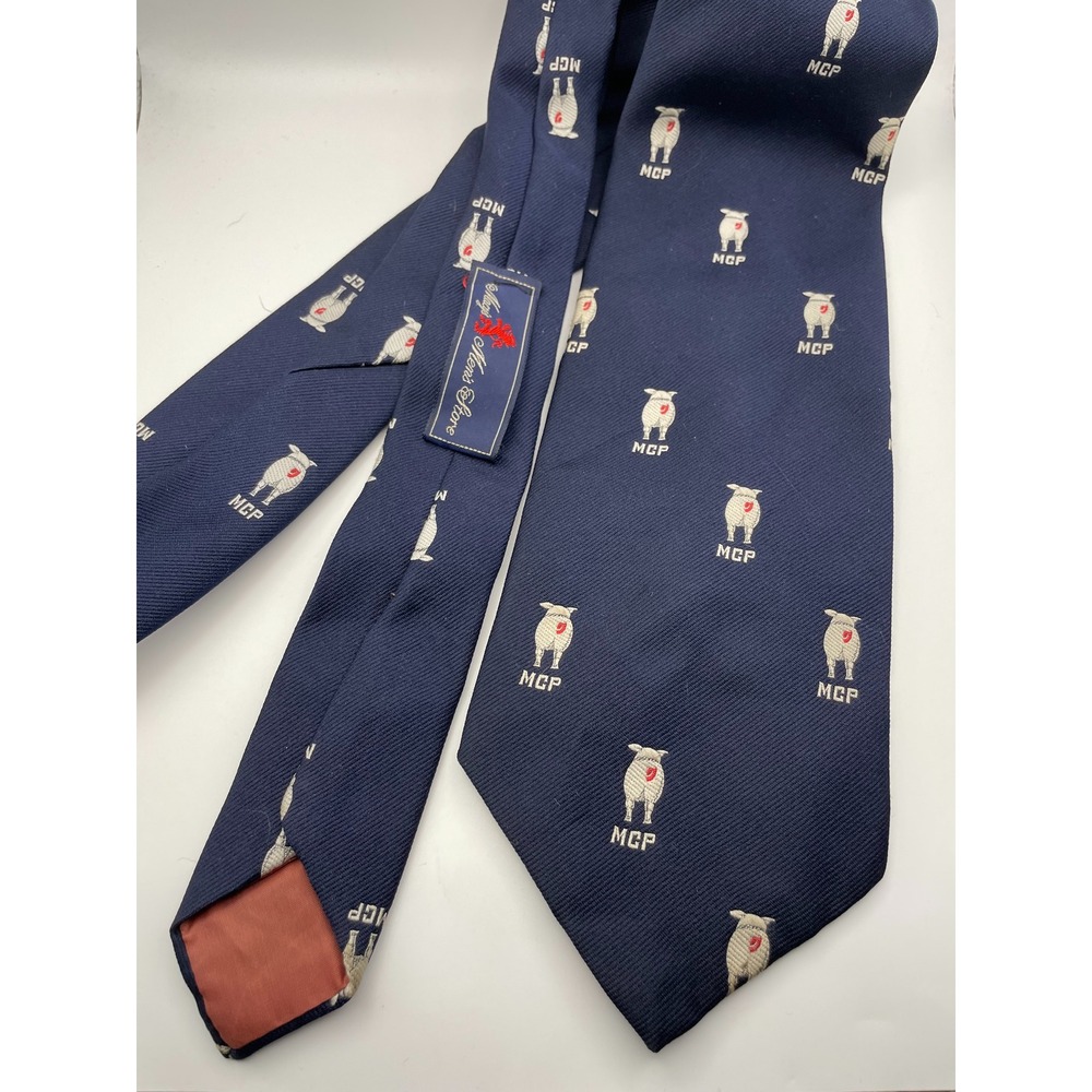 Kipper Macys Mens Store Navy Blue Novelty Pigs MCP Print Silk Necktie Vintage